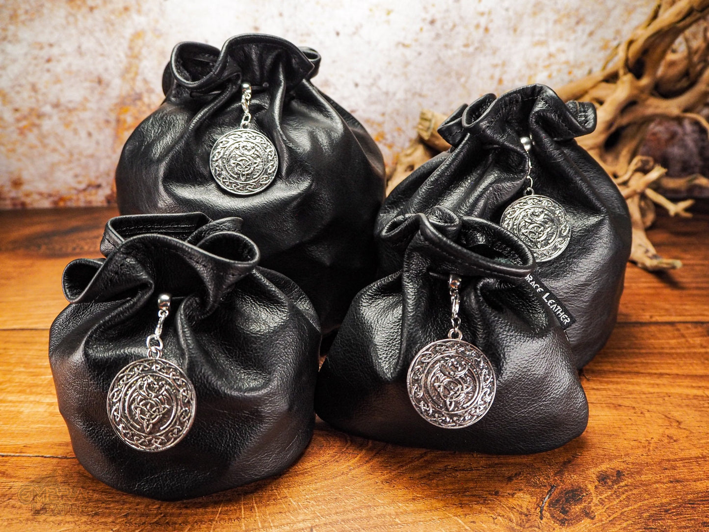 Leather Dice Bag with Silver Dragon Celtic Charm - Dungeons and Dragons Dice Bag