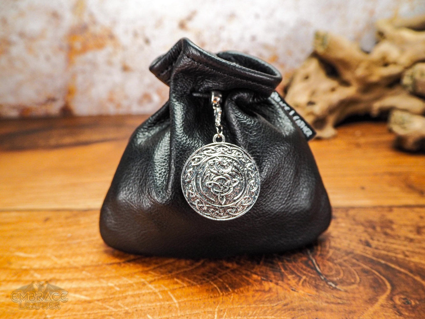 Leather Dice Bag with Silver Dragon Celtic Charm - Dungeons and Dragons Dice Bag