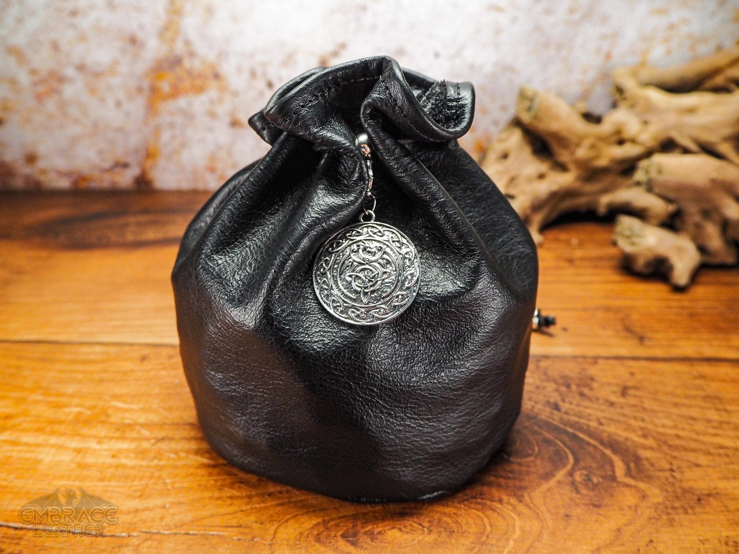 Leather Dice Bag with Silver Dragon Celtic Charm - Dungeons and Dragons Dice Bag