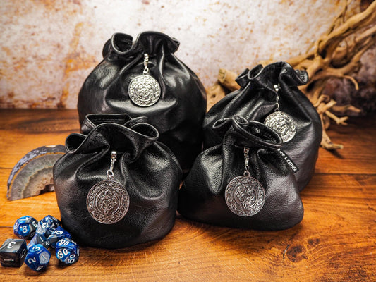 Leather Dice Bag with Silver Dragon Celtic Charm - Dungeons and Dragons Dice Bag