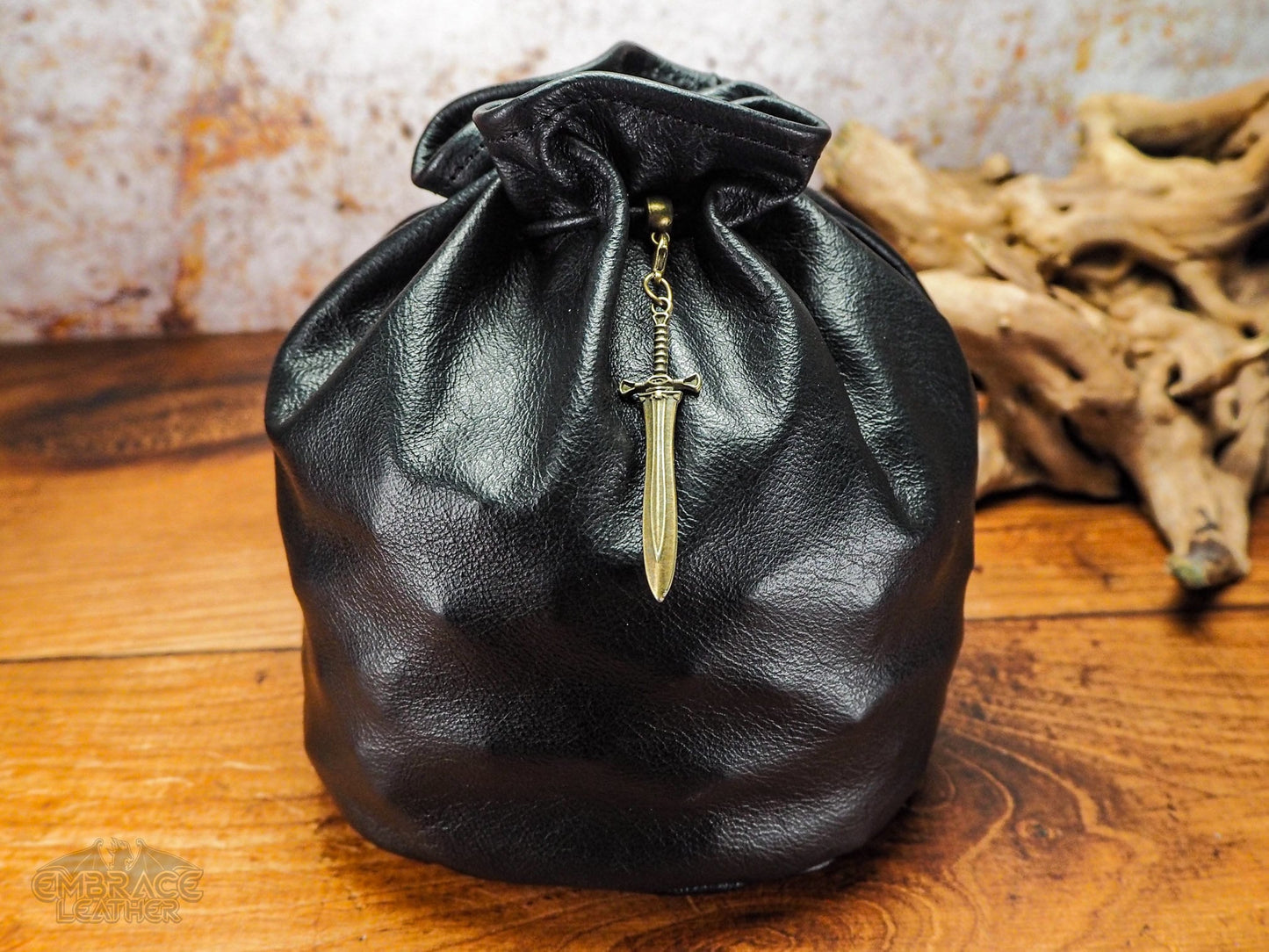 Beautiful Black Leather Dice Bag with Bronze Sword - Dungeons and Dragons Dice Bag of Holding