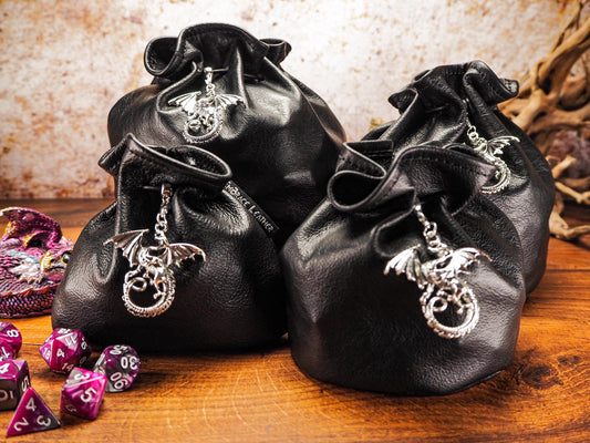 Bag of Holding DnD Gift for Large D20 Dice Set - Leather Drawstring Pouch with Large Silver Dragon