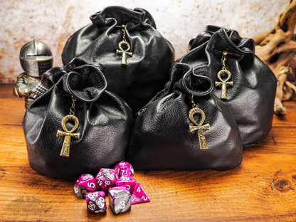 Beautiful Black Leather Dice Bag with Bronze Ankh - Dungeons and Dragons Dice Bag of Holding