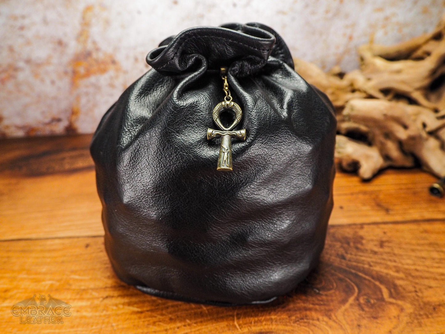 Beautiful Black Leather Dice Bag with Bronze Ankh - Dungeons and Dragons Dice Bag of Holding