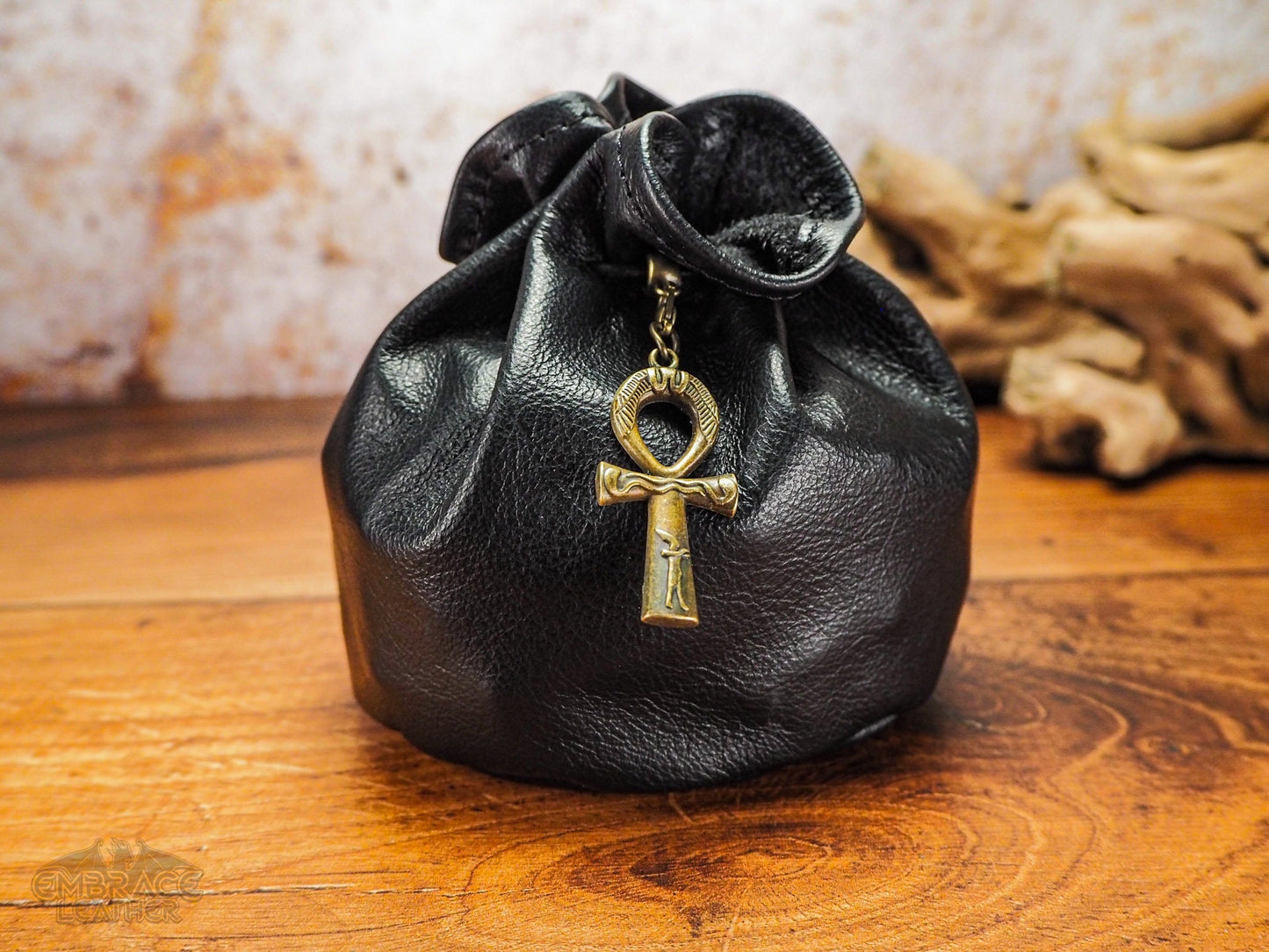 Beautiful Black Leather Dice Bag with Bronze Ankh - Dungeons and Dragons Dice Bag of Holding