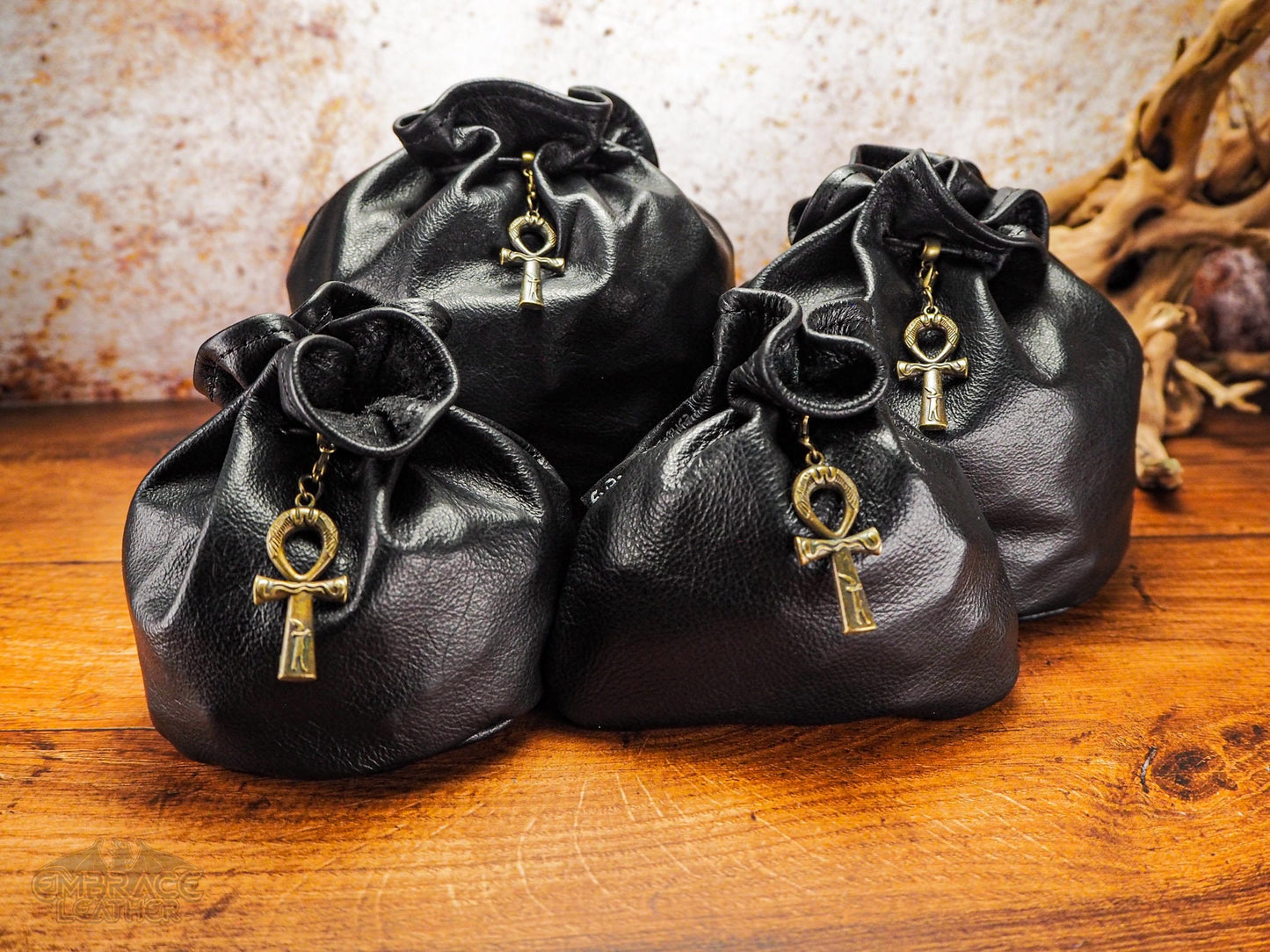 Beautiful Black Leather Dice Bag with Bronze Ankh - Dungeons and Dragons Dice Bag of Holding