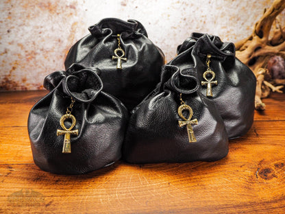 Beautiful Black Leather Dice Bag with Bronze Ankh - Dungeons and Dragons Dice Bag of Holding