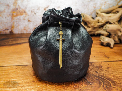 Beautiful Black Leather Dice Bag with Bronze Druid Sword - Dungeons and Dragons Dice Bag of Holding