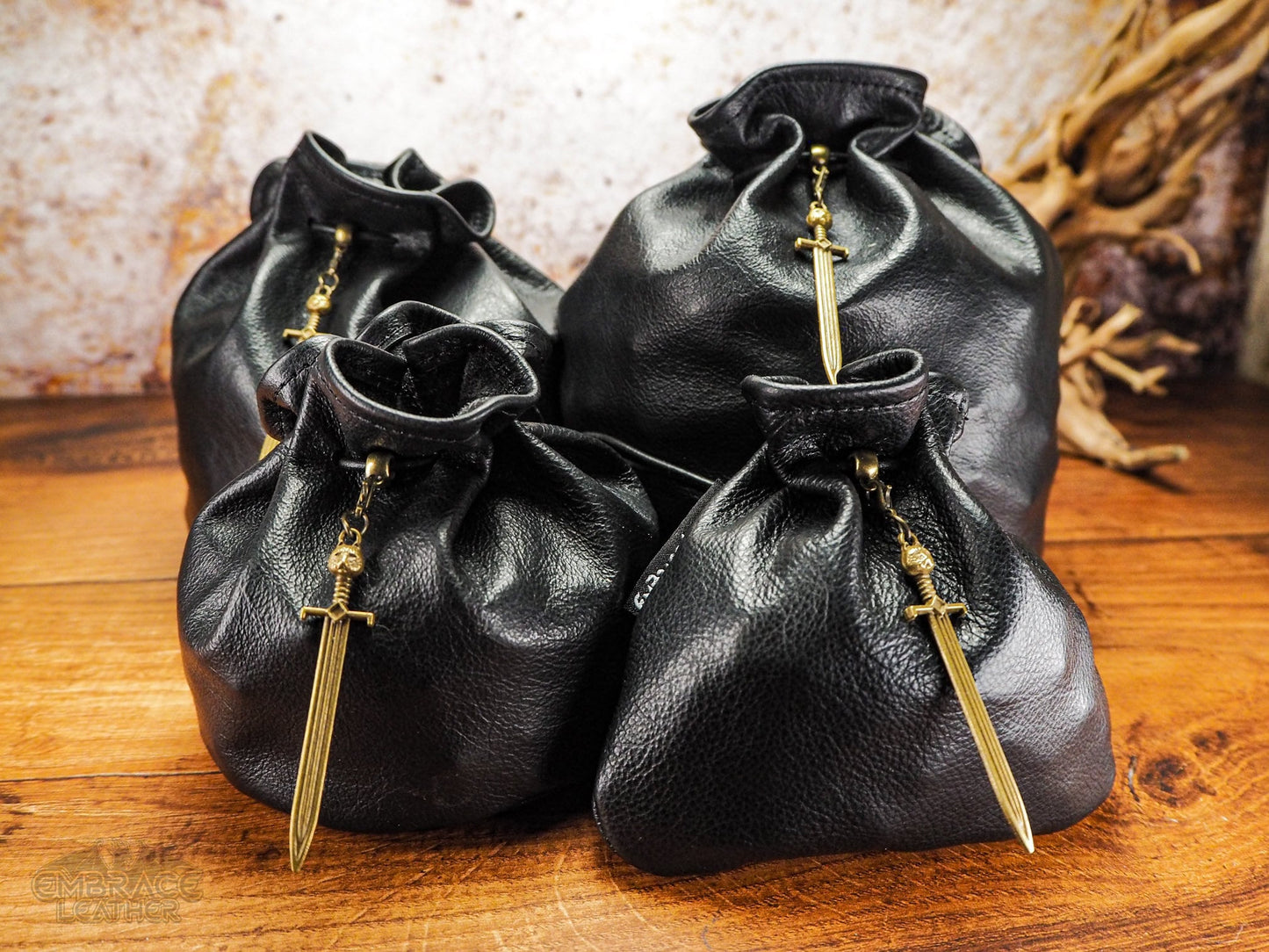 Beautiful Black Leather Dice Bag with Bronze Druid Sword - Dungeons and Dragons Dice Bag of Holding