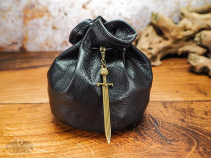 Beautiful Black Leather Dice Bag with Bronze Druid Sword - Dungeons and Dragons Dice Bag of Holding