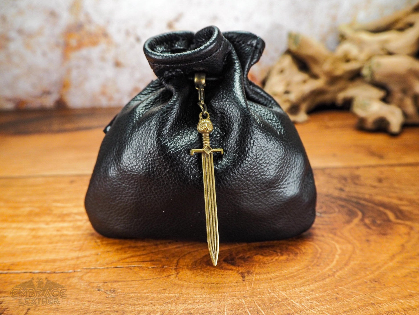 Beautiful Black Leather Dice Bag with Bronze Druid Sword - Dungeons and Dragons Dice Bag of Holding