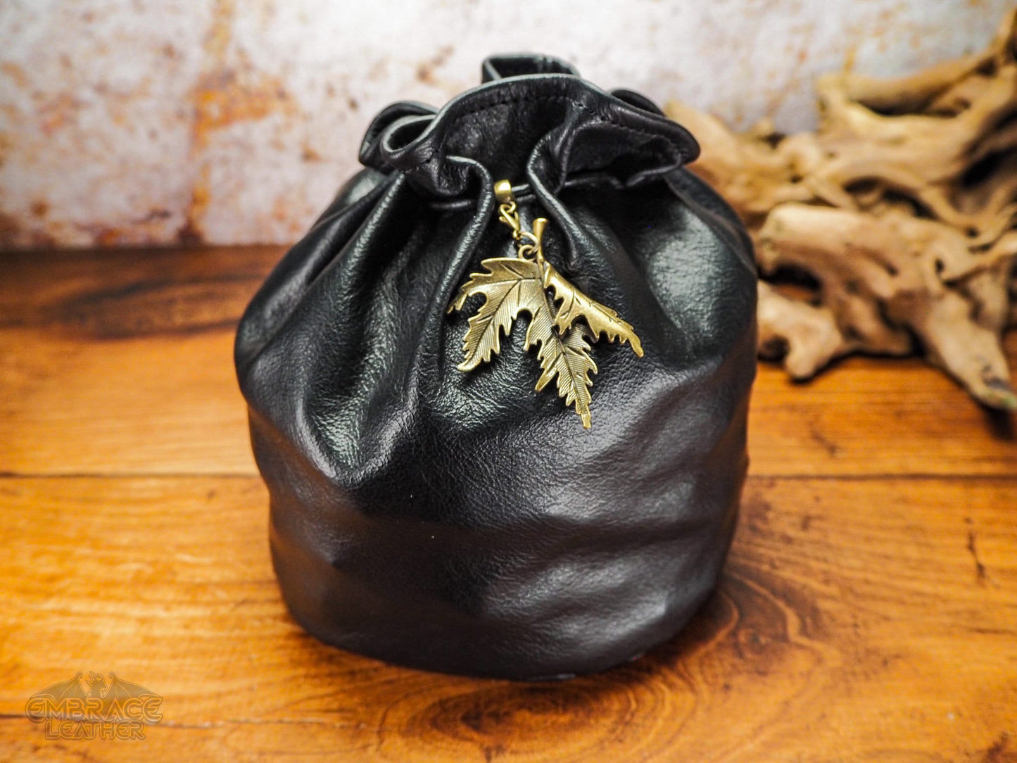 Black Leather Dice Bag of Holding with a Bronze Maple Leaf and Belt Loop Optional