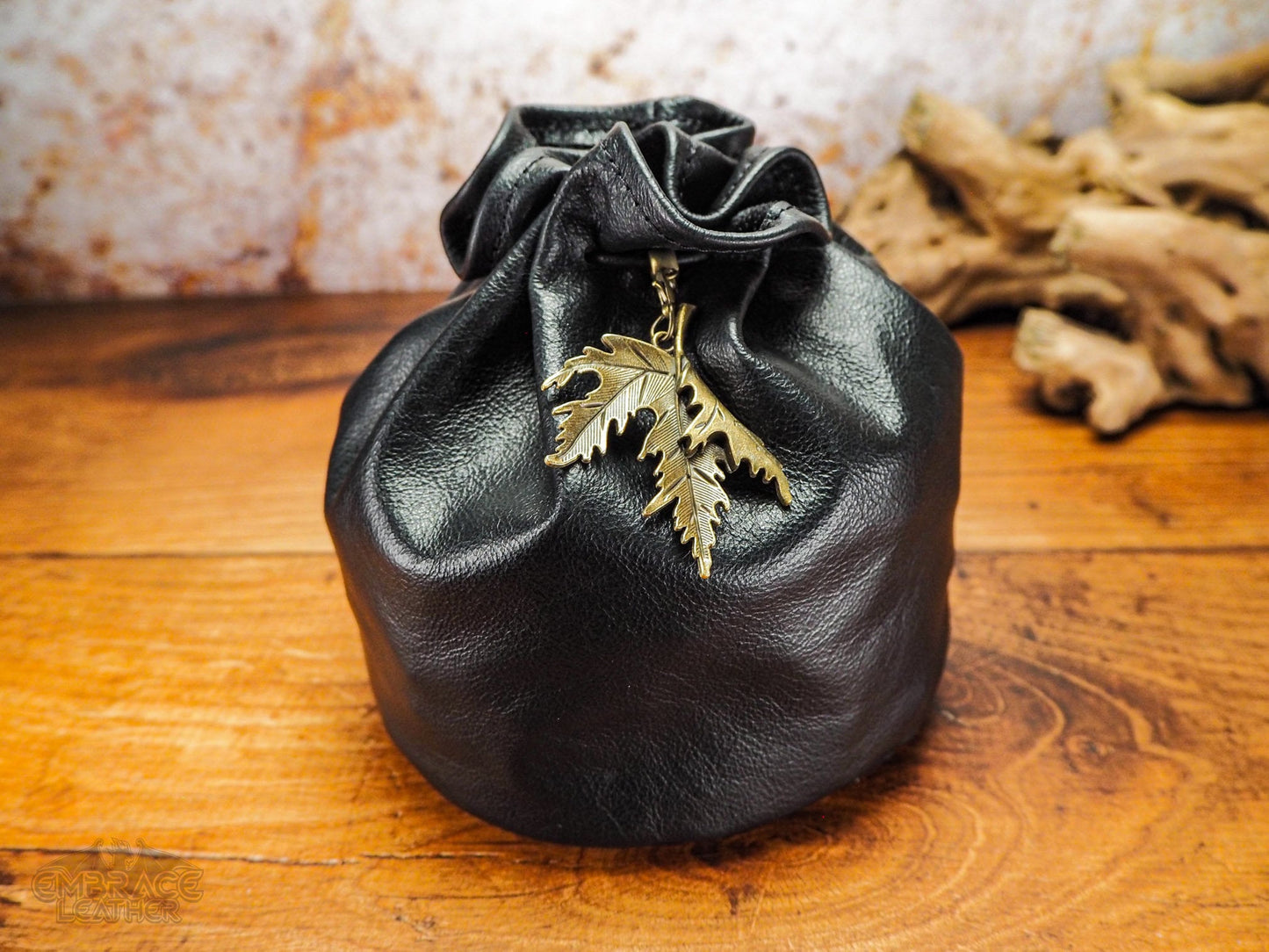 Black Leather Dice Bag of Holding with a Bronze Maple Leaf and Belt Loop Optional