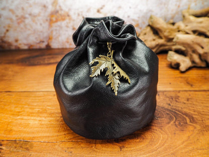 Black Leather Dice Bag of Holding with a Bronze Maple Leaf and Belt Loop Optional