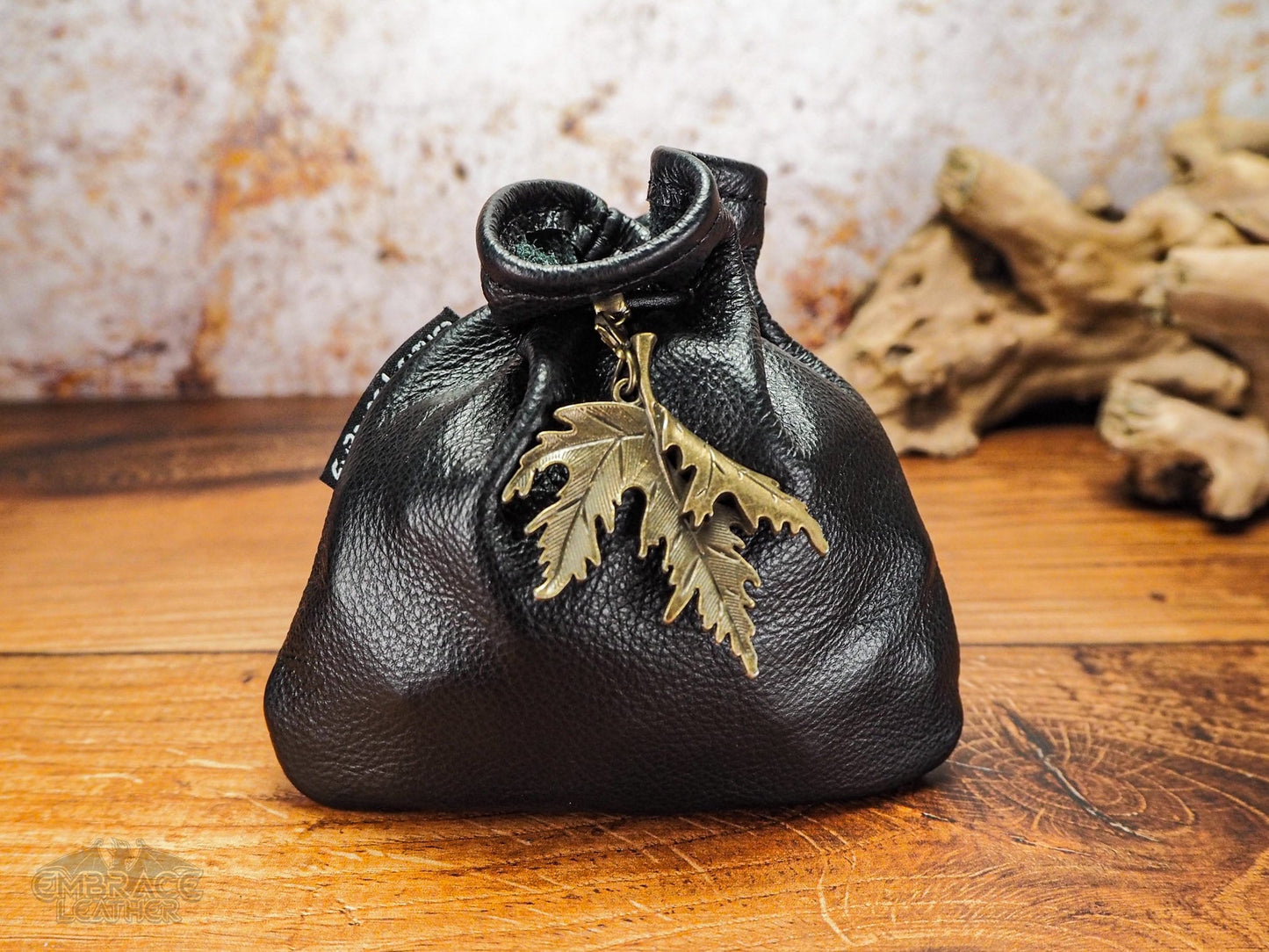 Black Leather Dice Bag of Holding with a Bronze Maple Leaf and Belt Loop Optional