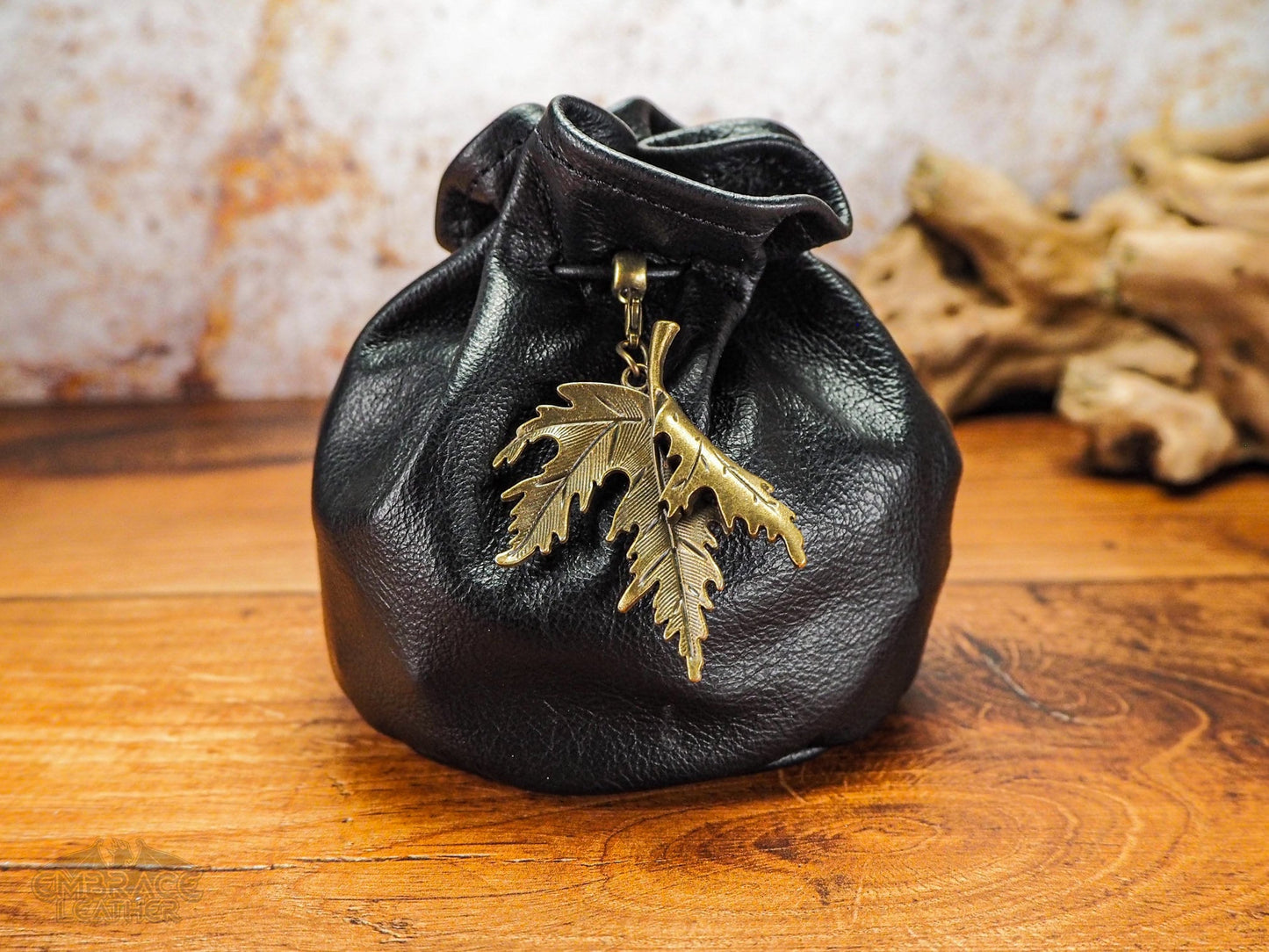 Black Leather Dice Bag of Holding with a Bronze Maple Leaf and Belt Loop Optional