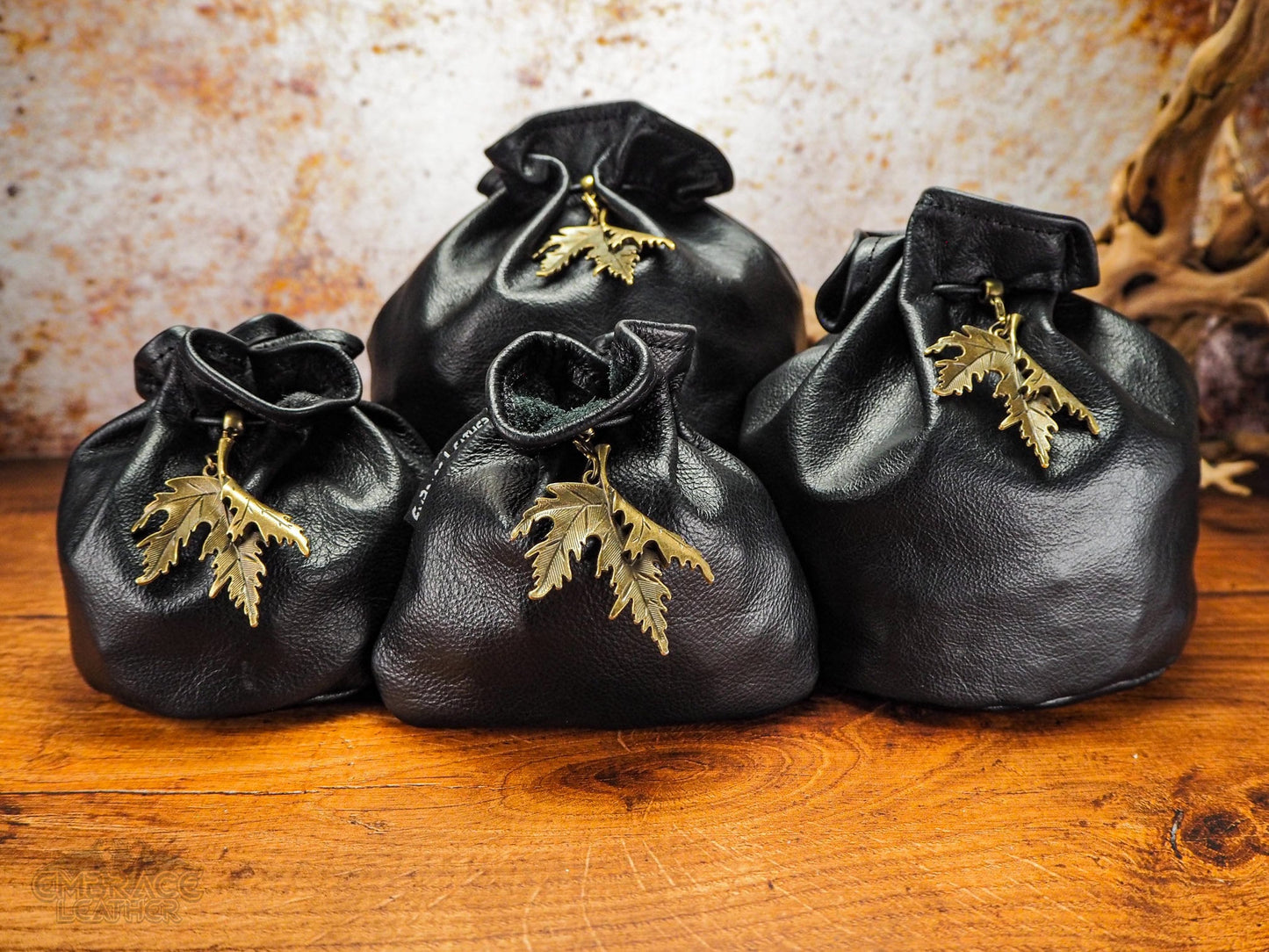 Black Leather Dice Bag of Holding with a Bronze Maple Leaf and Belt Loop Optional