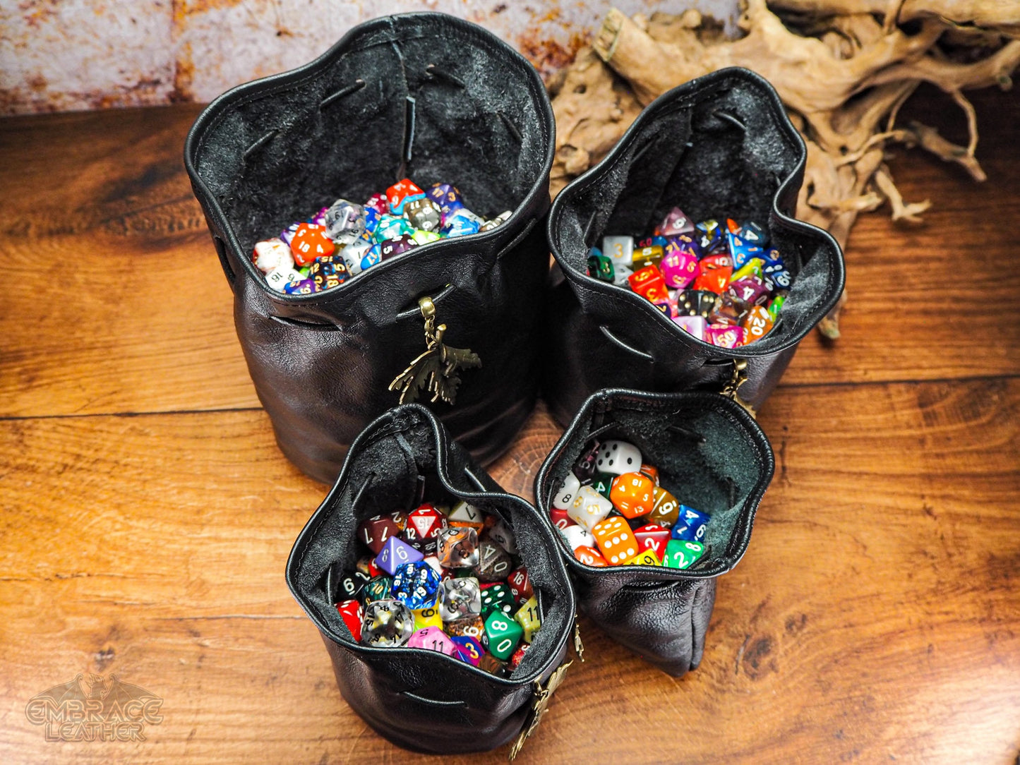 Black Leather Dice Bag of Holding with a Bronze Maple Leaf and Belt Loop Optional