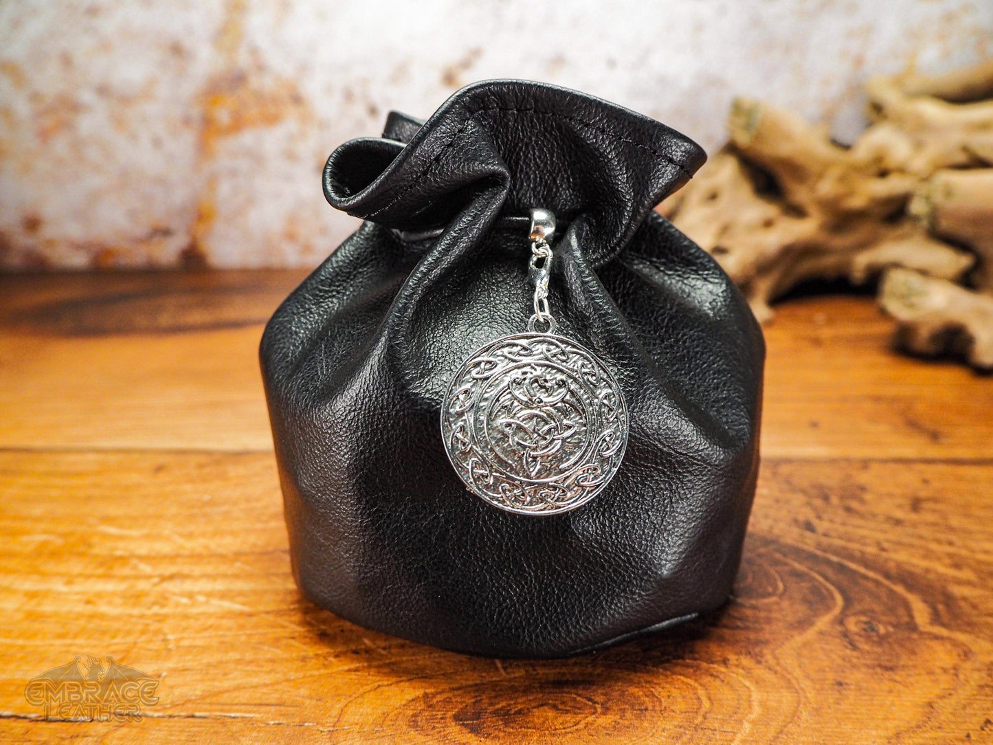 Leather Dice Bag with Silver Dragon Celtic Charm - Dungeons and Dragons Dice Bag