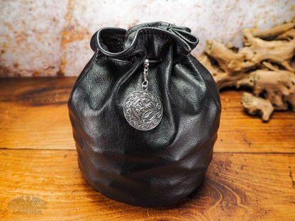 Leather Dice Bag with Silver Dragon Celtic Charm - Dungeons and Dragons Dice Bag